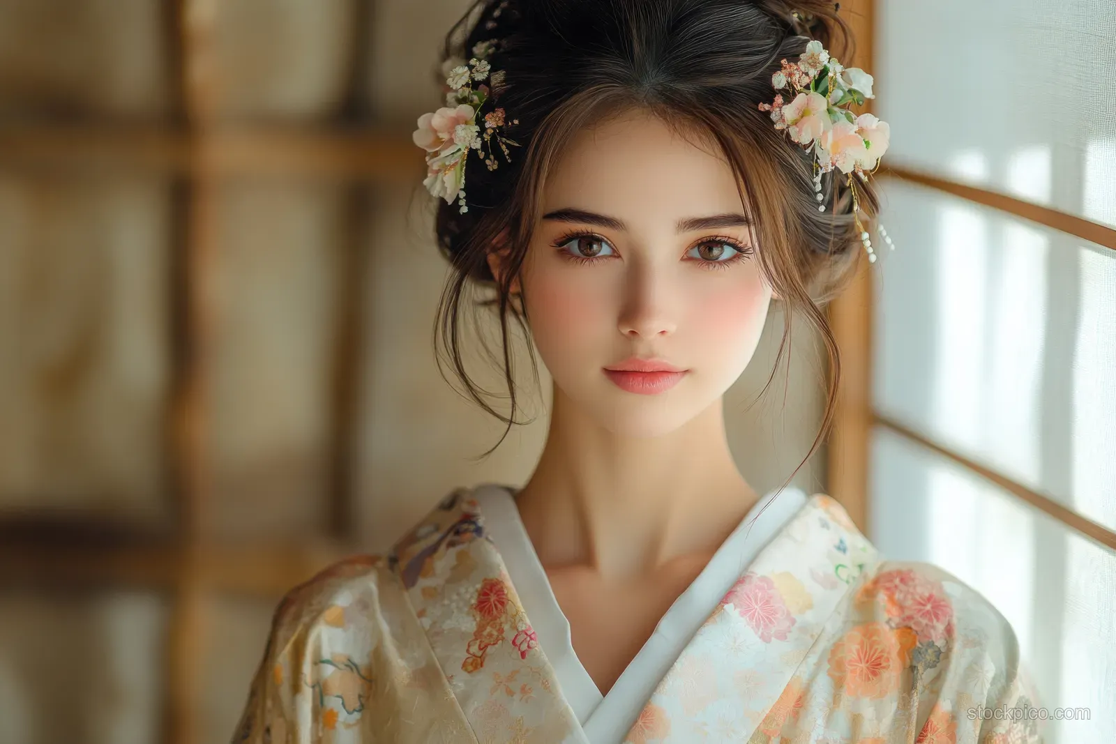 A young woman in a furisode kimono with floral hair ornaments poses calmly by a sunlit window indoors.
