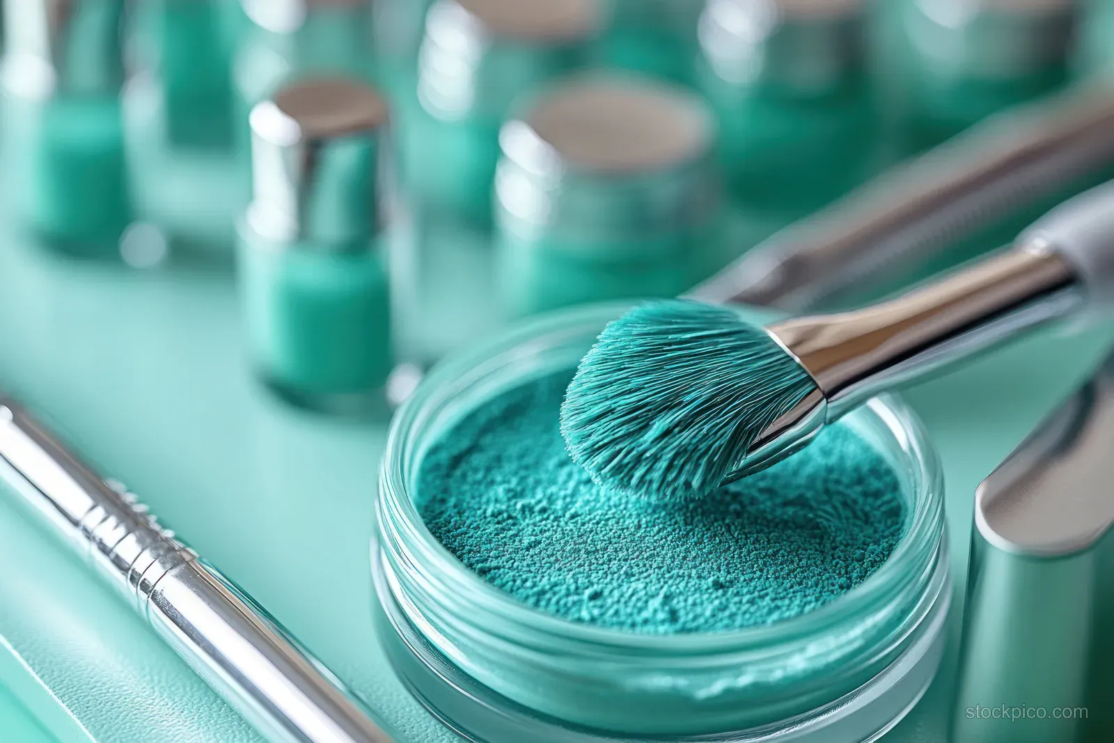 Close-up of a brush applying green mesotherapy gel from a small jar beside medical aesthetic tools in a clinic.