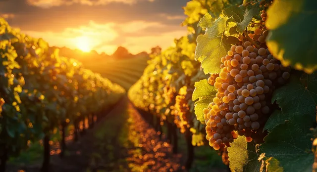 Ripe grape clusters glow in warm sunlight beside vineyard rows stretching toward a sunset path.