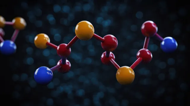 Glossy colored atoms connected by bonds form a 3D molecule model against a dark blurred bokeh background.