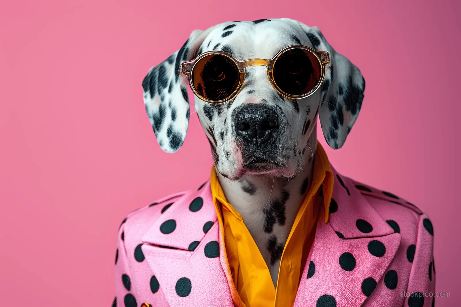 Dalmatian dog in a pink suit and sunglasses posing against a solid pink background.