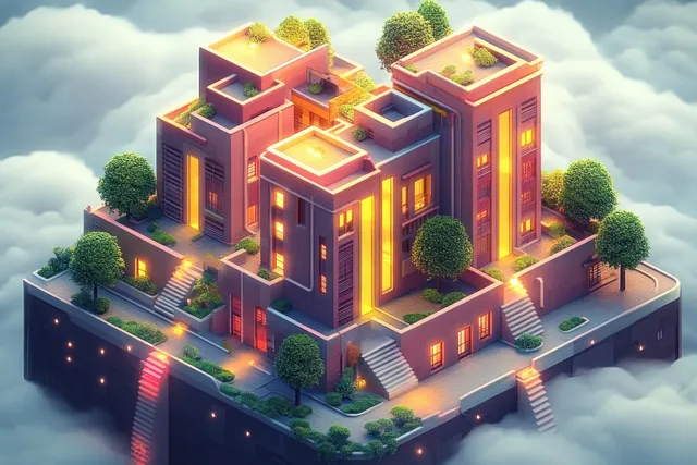 Isometric view of a glowing school building surrounded by trees and paths above cloudy sky.
