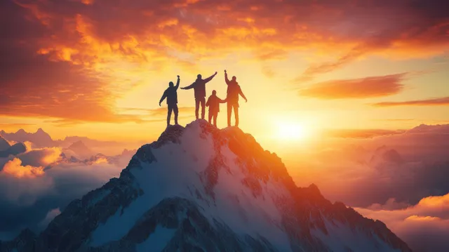 Four silhouetted hikers celebrate atop a snowy mountain summit at sunrise with orange clouds behind.