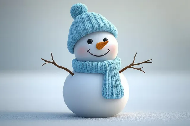 Cheerful 3D snowman character wearing a light blue hat and scarf