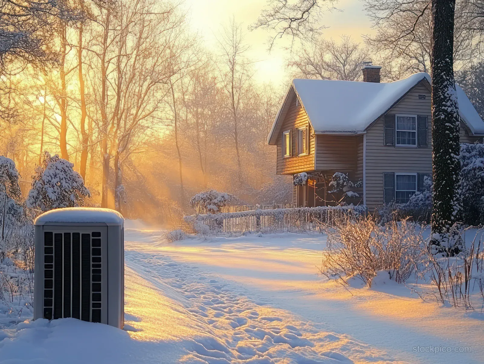A wooden house in snowy winter landscape with sunrise sunbeams and footprints on a snow-covered path.