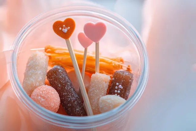 Colorful gummy candies and orange sticks in a clear container with heart-shaped picks.