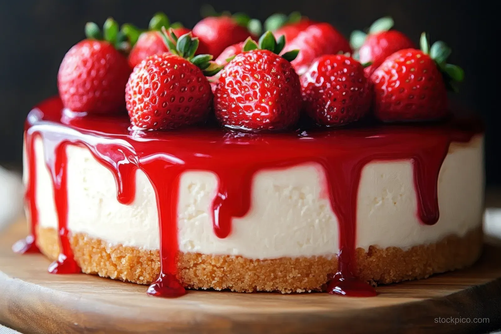 A strawberry cheesecake slice with fresh berries and glossy red sauce dripping over the cream layer.