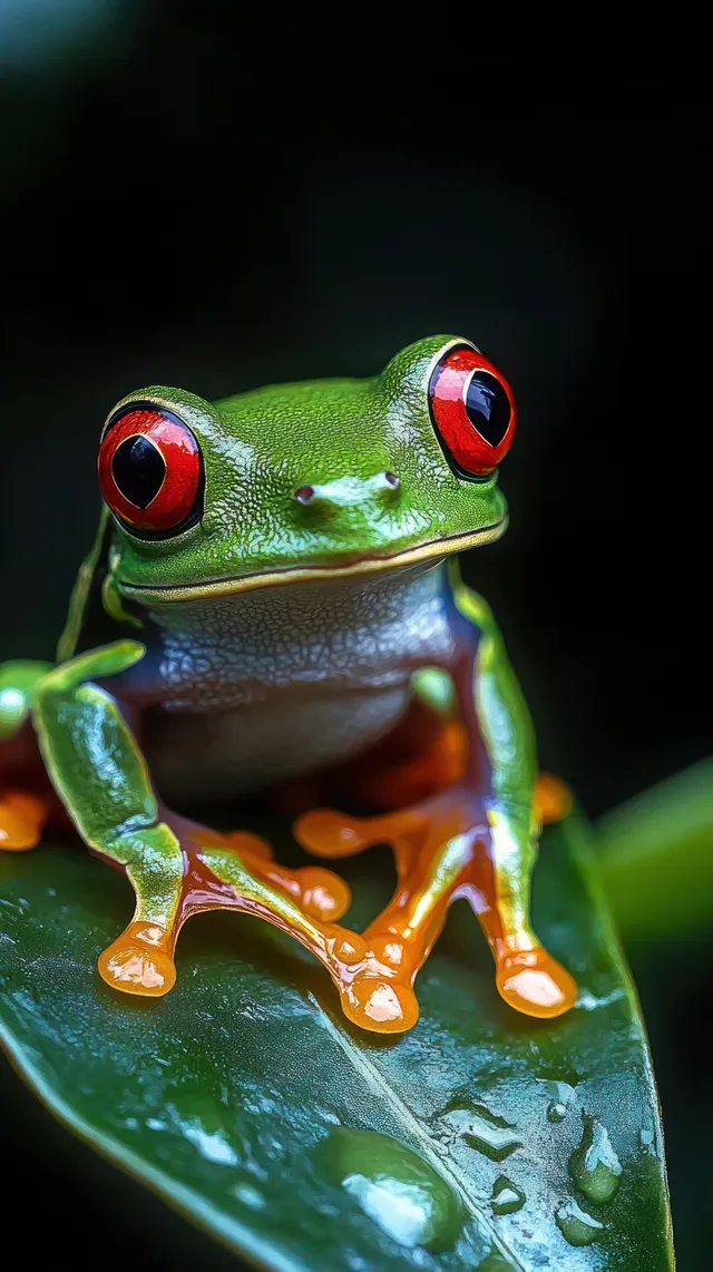 A green frog with red eyes and orange toes sits on a wet leaf, droplets visible against a dark background.