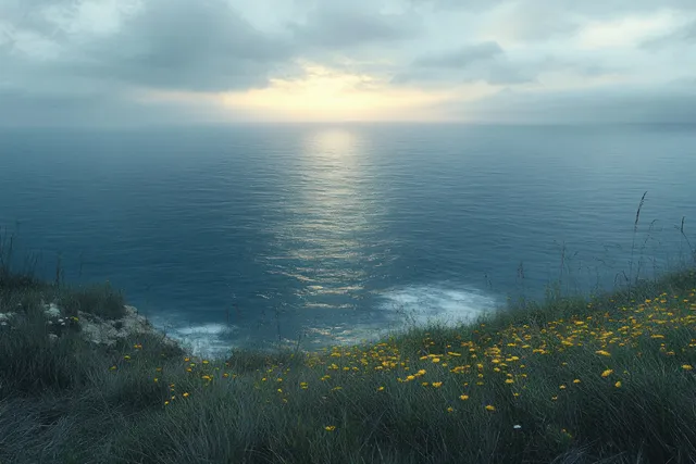 Sunset ocean horizon behind a grassy cliff dotted with small yellow wildflowers beneath cloudy light.
