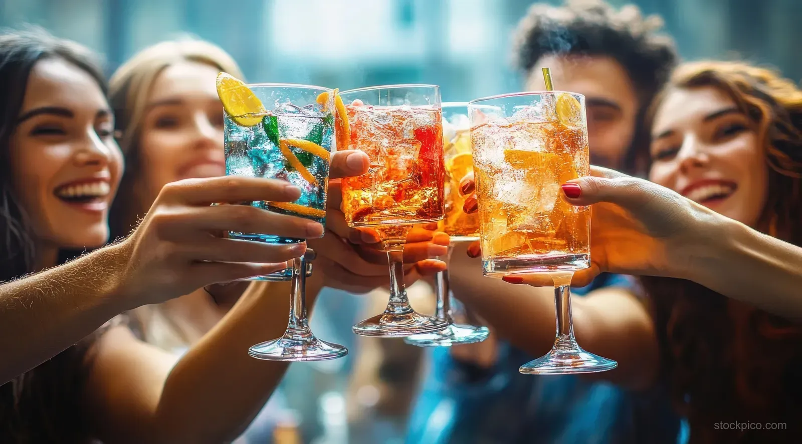 Friends raise and clink glasses of colorful cocktails together in a lively bar with warm lighting.