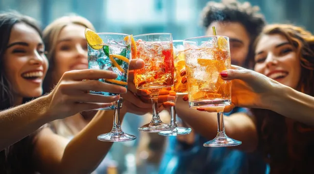 Friends raise and clink glasses of colorful cocktails together in a lively bar with warm lighting.