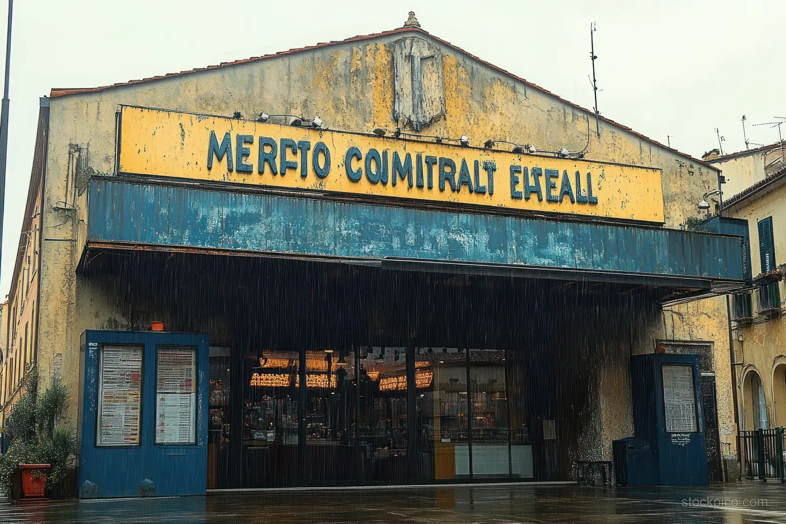 Weathered storefront with faded yellow and blue signage above glass doors on a rainy, wet street.