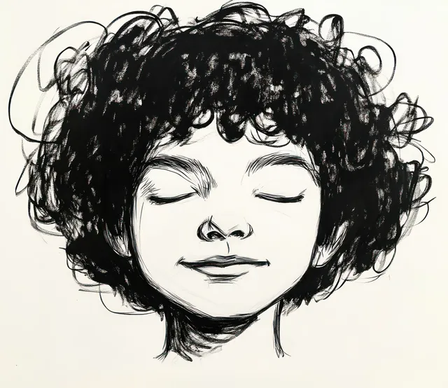 Black-and-white sketch of a curly-haired person smiling peacefully with closed eyes.