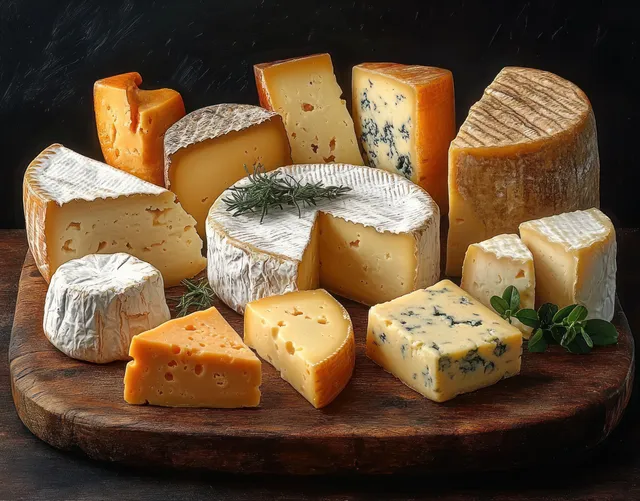 Assorted cheeses on a wooden board with fresh herbs under low, moody lighting.