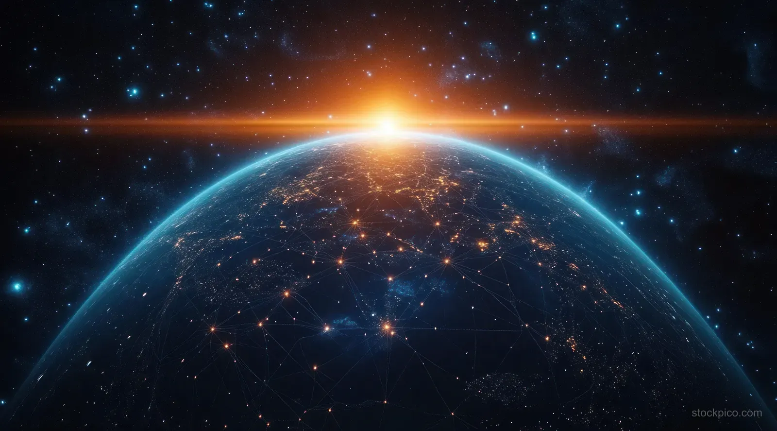 Space view shows Earth at sunrise with illuminated city networks and a starry background.