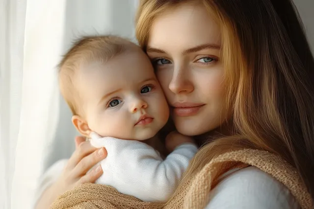 Young woman embracing baby by window with soft warm light