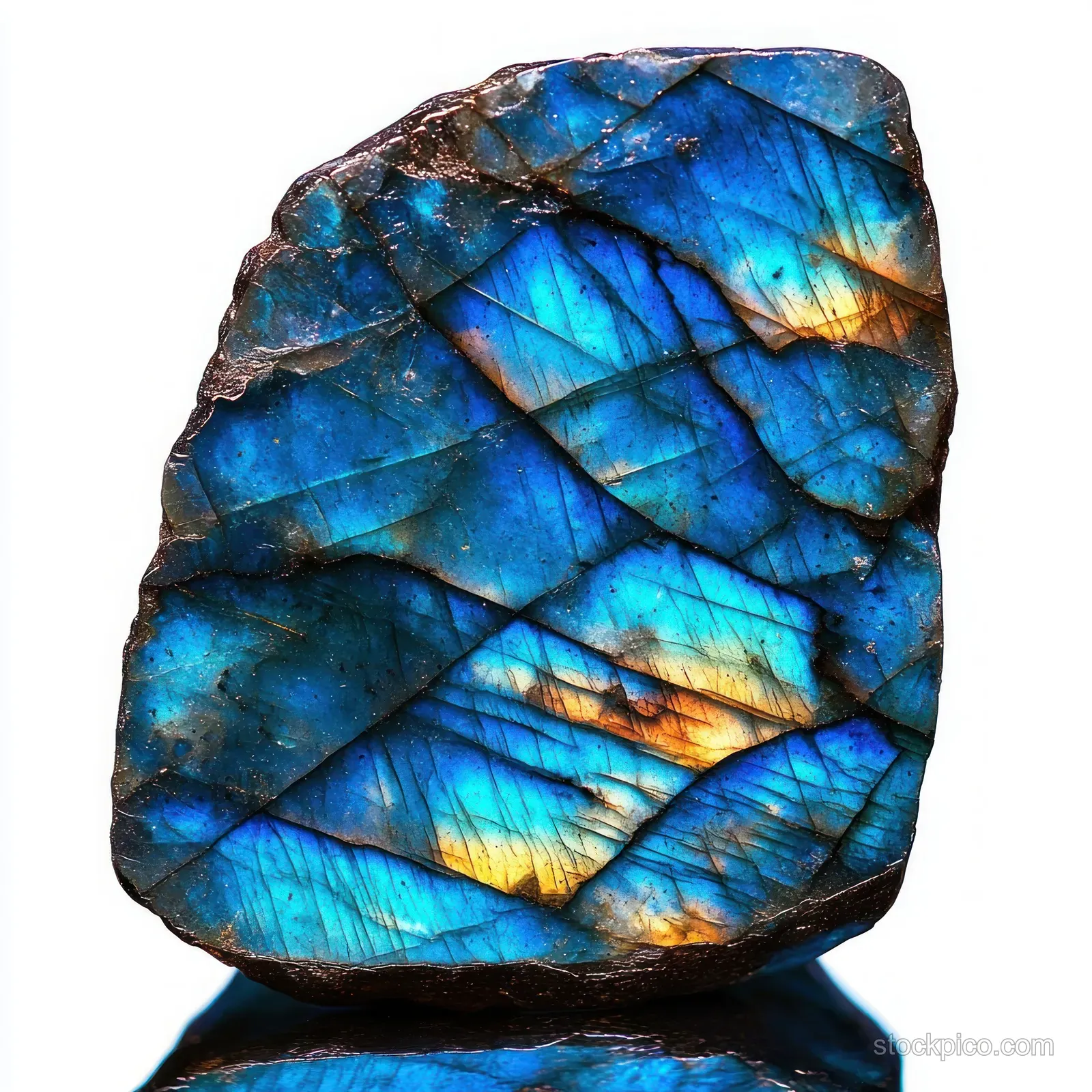 Polished labradorite stone in close-up with blue and golden iridescent flashes and dark natural veining.