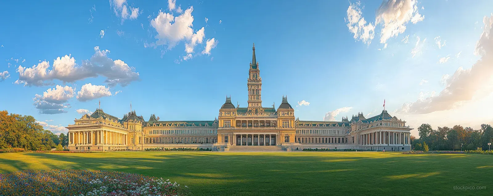Panoramic view of Ottawa's historic Parliament buildings showcasing neoclassical architecture and a manicured lawn under a partly cloudy