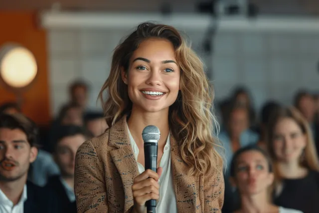 Businesswoman speaking into a handheld microphone on stage while an audience sits in a corporate conference.