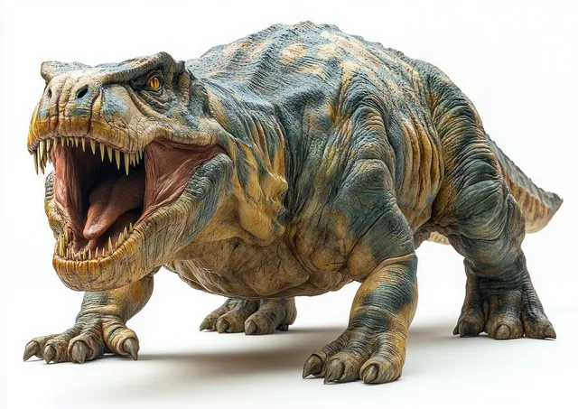 Entelodon prehistoric mammal with open mouth roaring in a crouched profile stance on a white background.