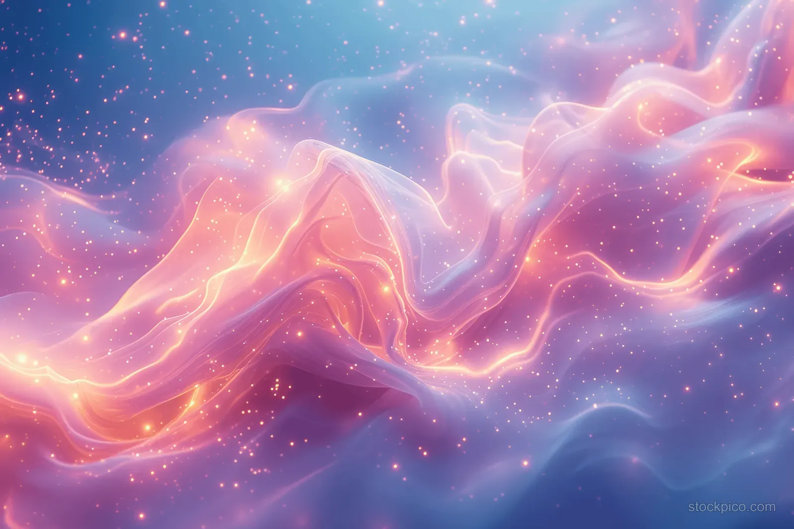Pastel cosmic nebula waves shimmer with star particles and prismatic light lines across a dreamy background.