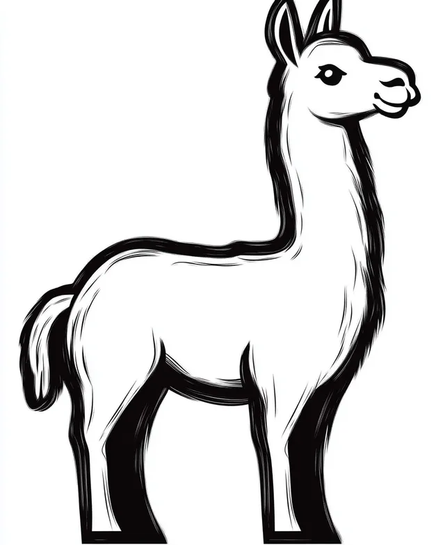 Black-and-white stylized llama standing, alert stance with raised ears and tail.