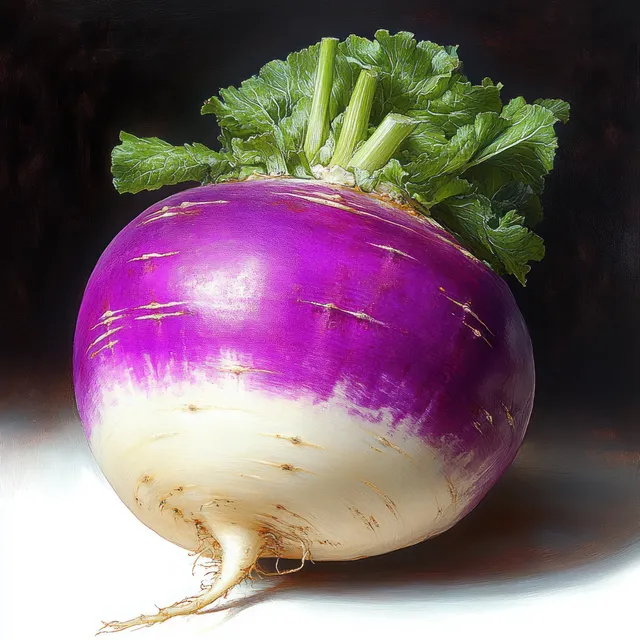 Purple and white turnip with leafy greens on dark background, studio close-up
