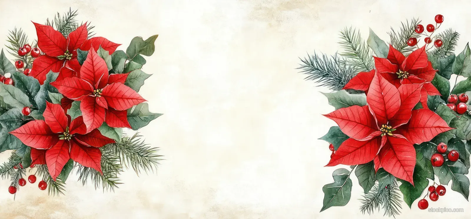 Watercolor poinsettia and evergreen border with red berries and snowy off-white background.