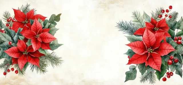 Watercolor poinsettia and evergreen frame with mistletoe berries on soft Christmas paper