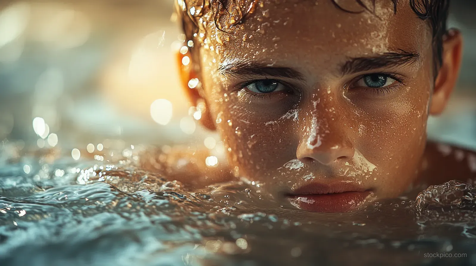 A young swimmer’s face appears above water as droplets sparkle, with indoor pool lights blurred behind.