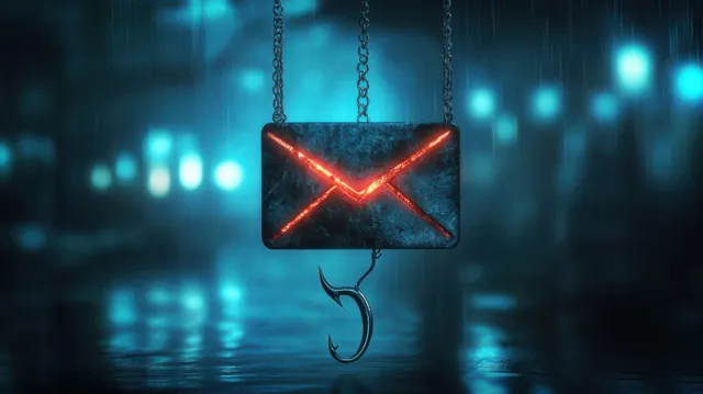 A red phishing email icon hangs from chains against a blue digital alert background.