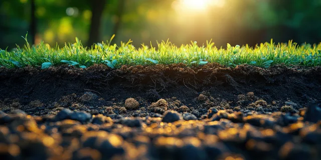 Cross-section of soil layers with green grass above and thin plant roots spreading through dark earth.