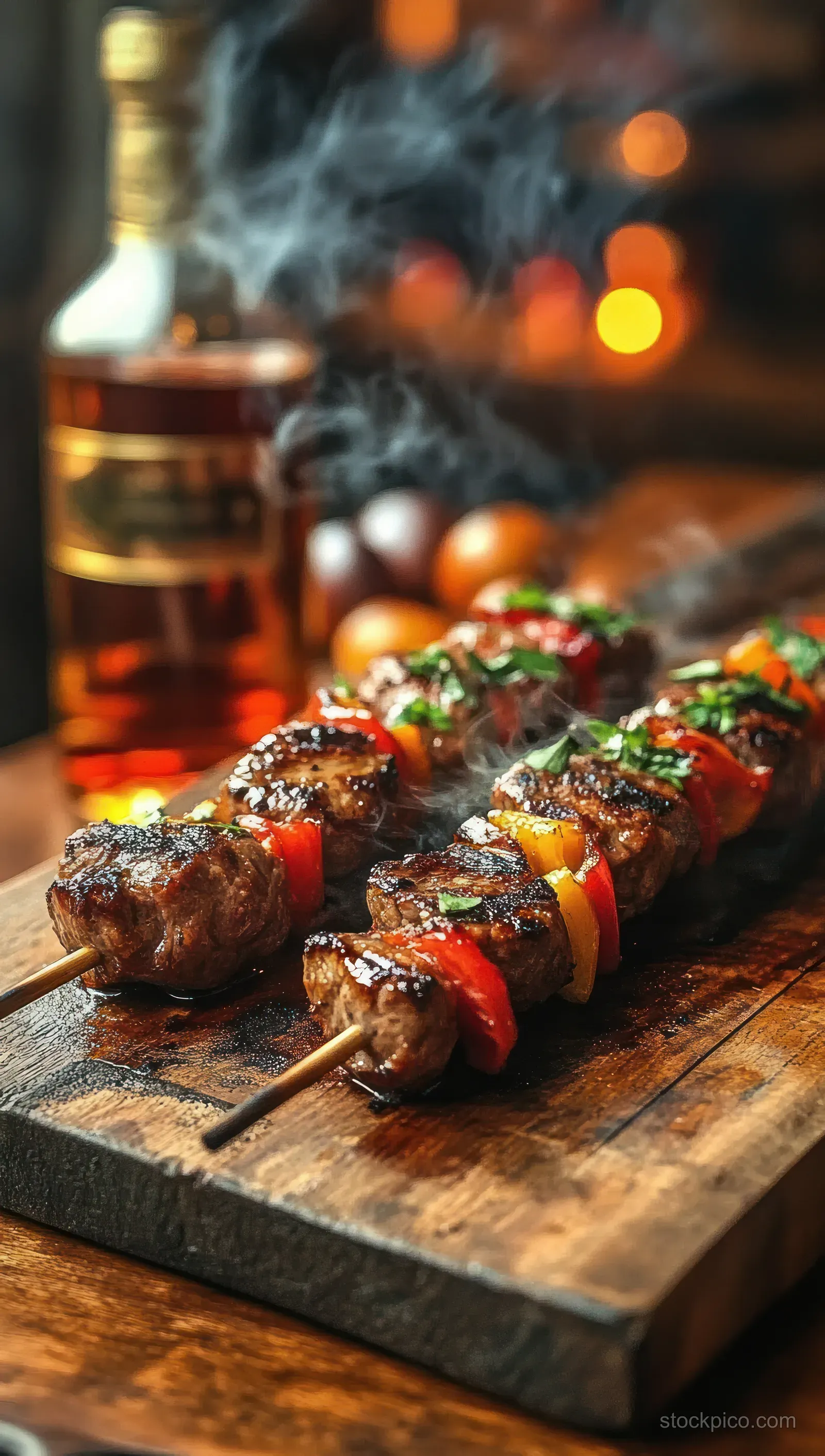 Steaming meat and vegetable skewers on a rustic wooden board with smoke and warm bottle bokeh lights behind.