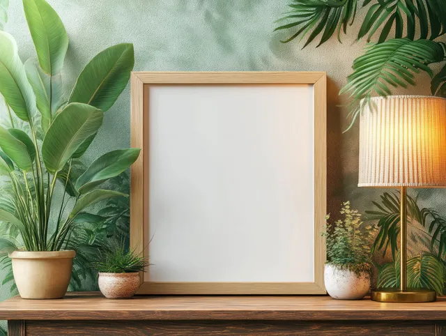 Empty vertical picture frame on a wooden console with brass desk lamp and potted plants in a green Scandinavian room.