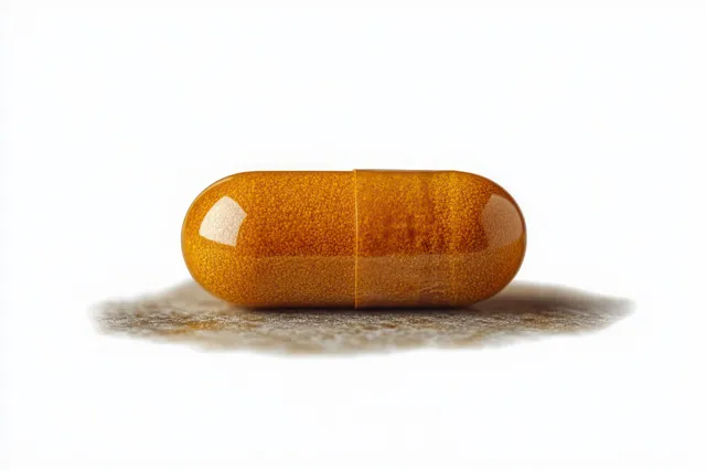 Single orange translucent capsule pill on white surface with soft shadow and glossy highlights with Oral Dosage Form