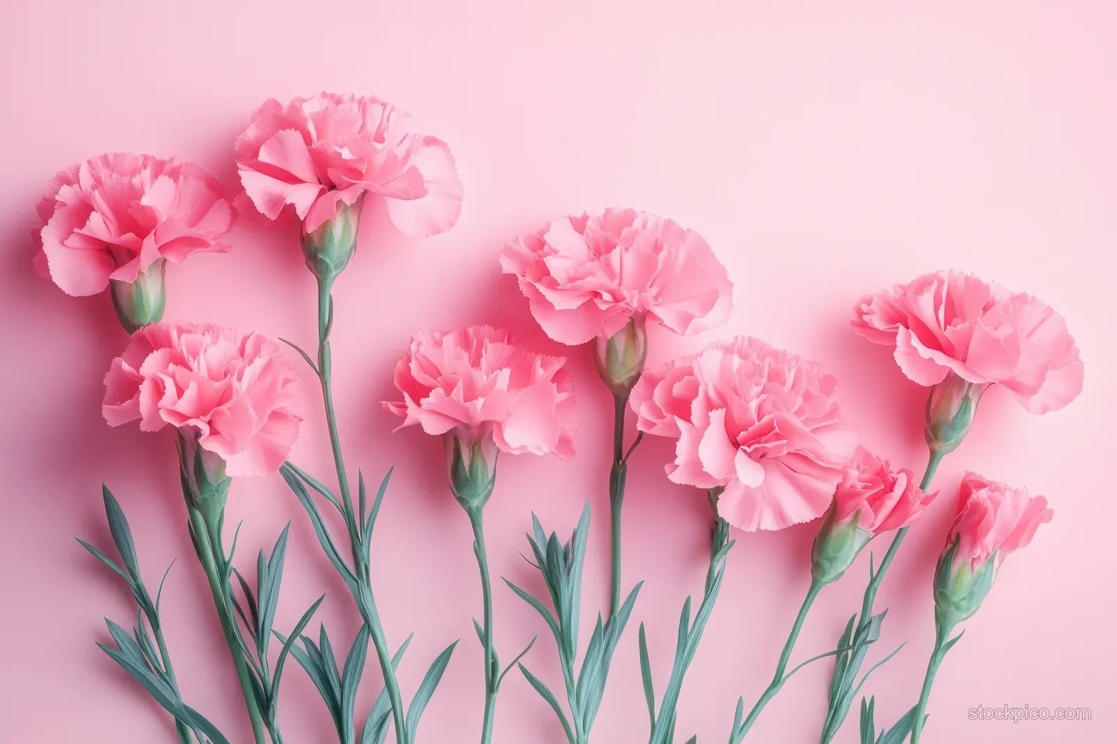 Pink carnation flowers with green stems arranged on a pastel pink background under soft diffused light.