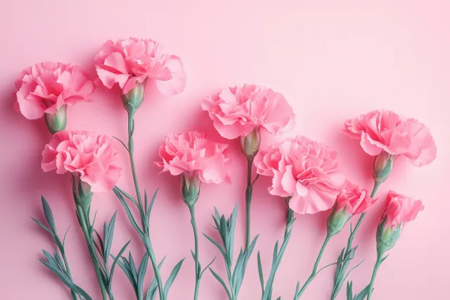 Pink carnations arranged in a pastel high-key still life with soft diffused lighting