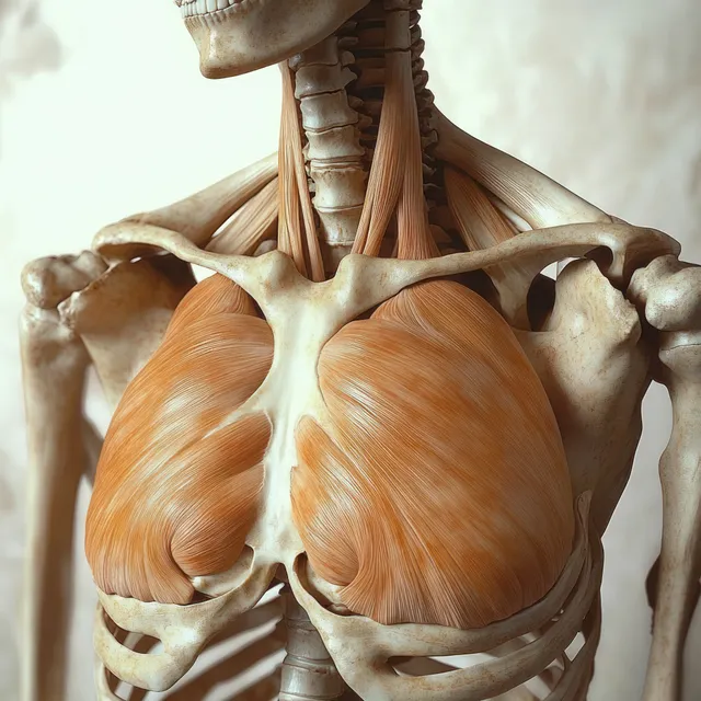 Renaissance anatomical view of a human skeleton with orange highlighted pectoralis major muscles across the chest.