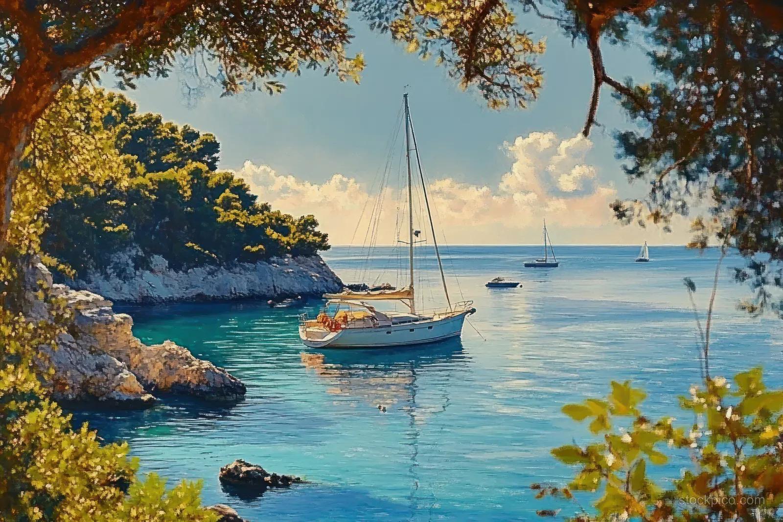 Sailboats anchored in a calm blue bay with rocky cliffs and green trees under scattered clouds.