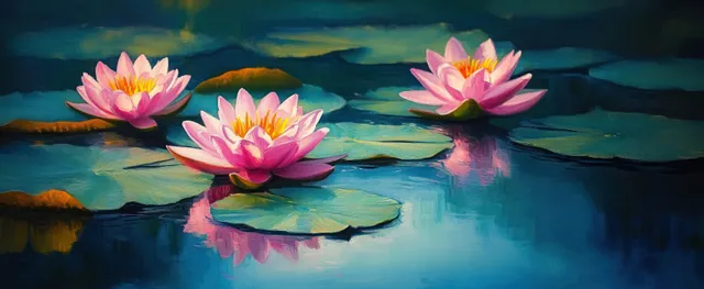Three pink water lilies bloom on green lily pads floating on calm reflective pond water.