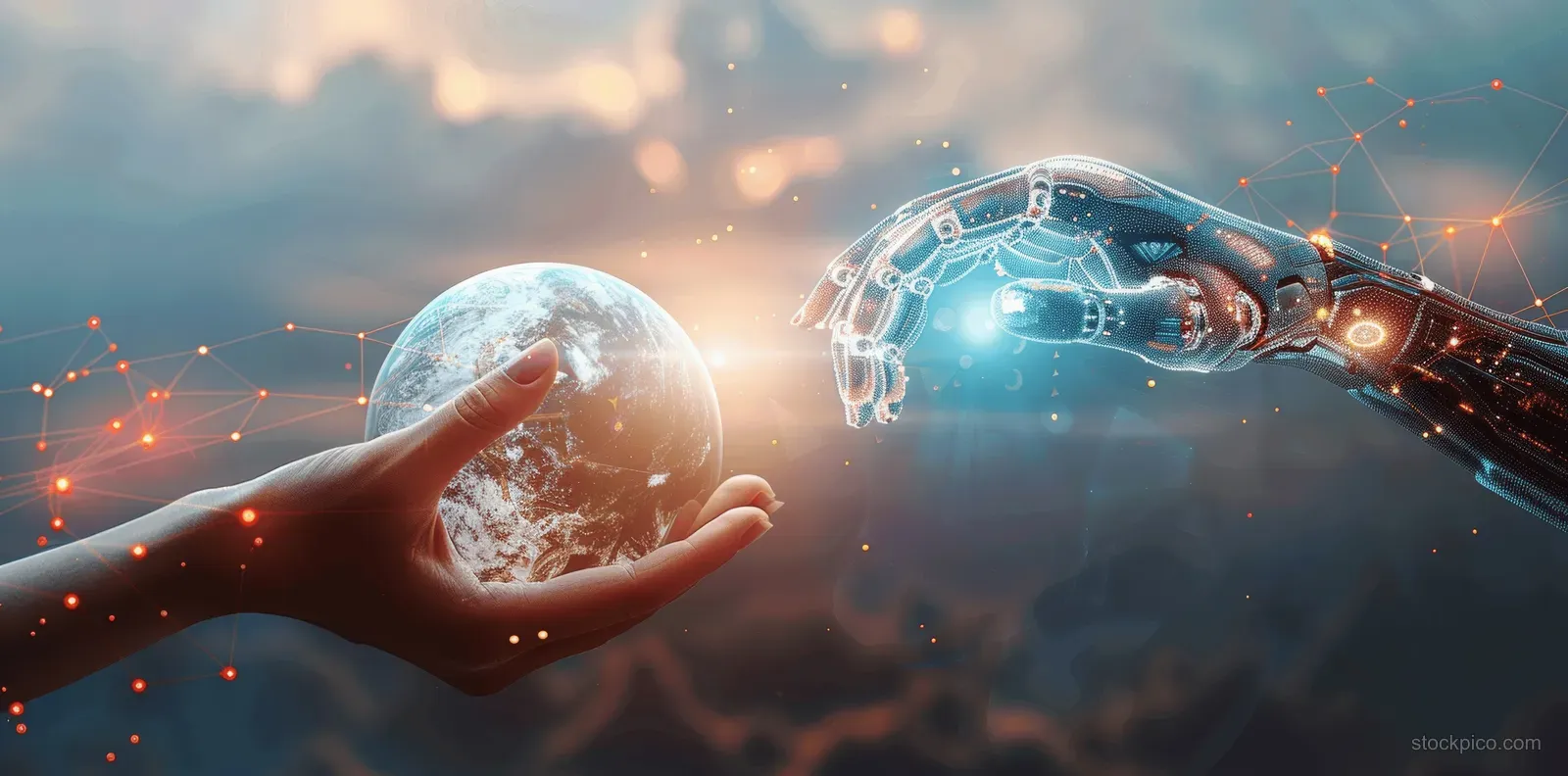 A human hand and a robotic hand reaching toward a glowing digital globe.
