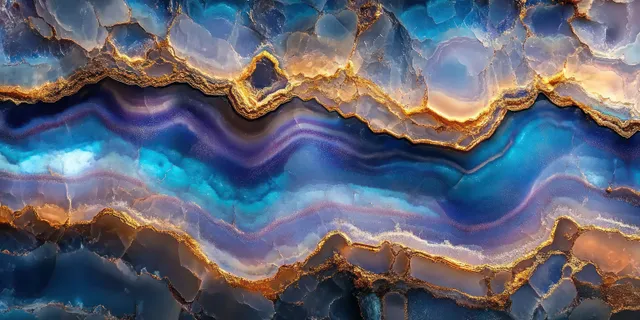 Macro geode cross-section with blue-purple glow and golden veins under spotlight
