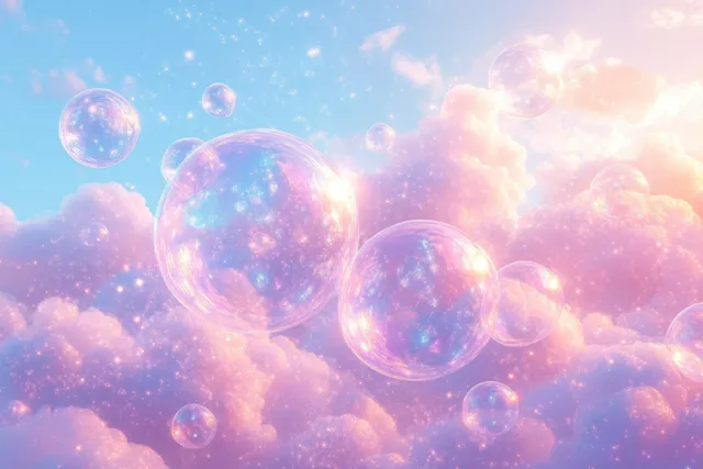 Pastel clouds with iridescent bubbles floating in a dreamy sky background