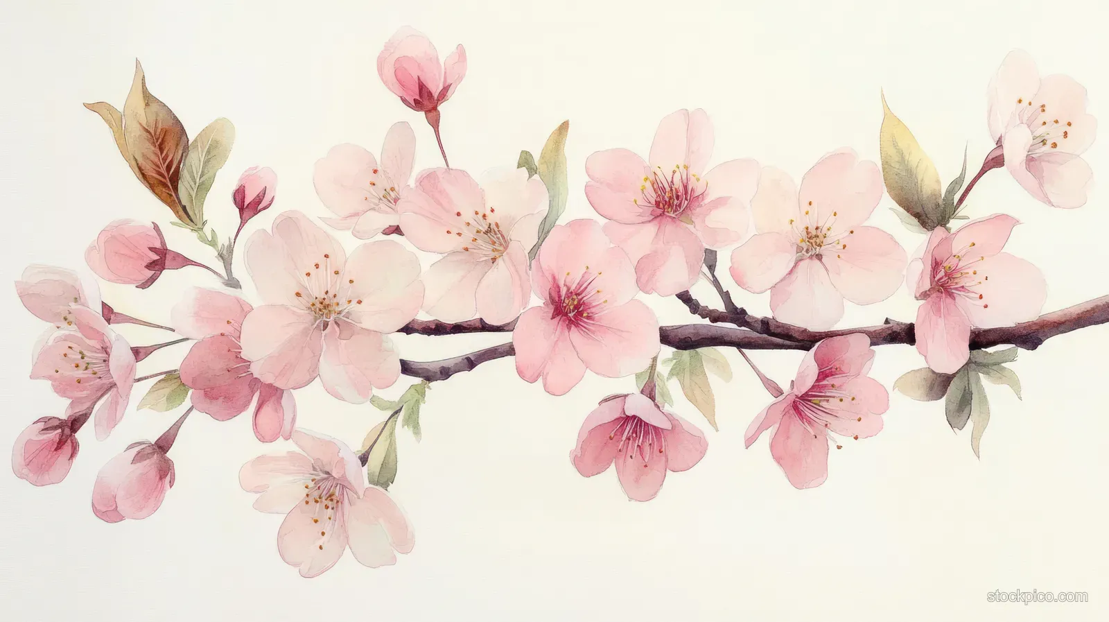 A cherry blossom branch with soft pink flowers and green leaves on a light background.