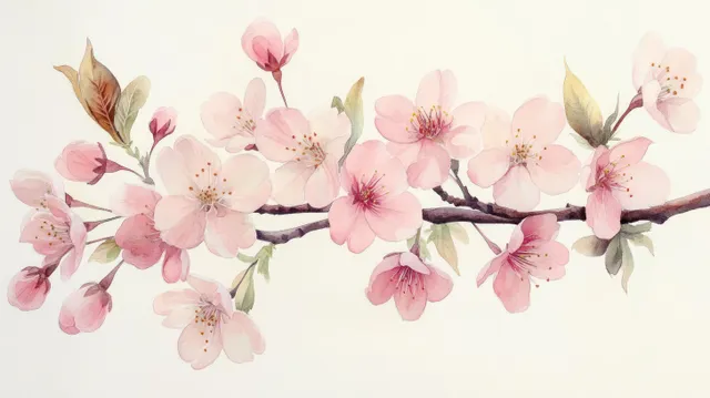 Soft pink cherry blossom branch with green leaves against a light, calm background