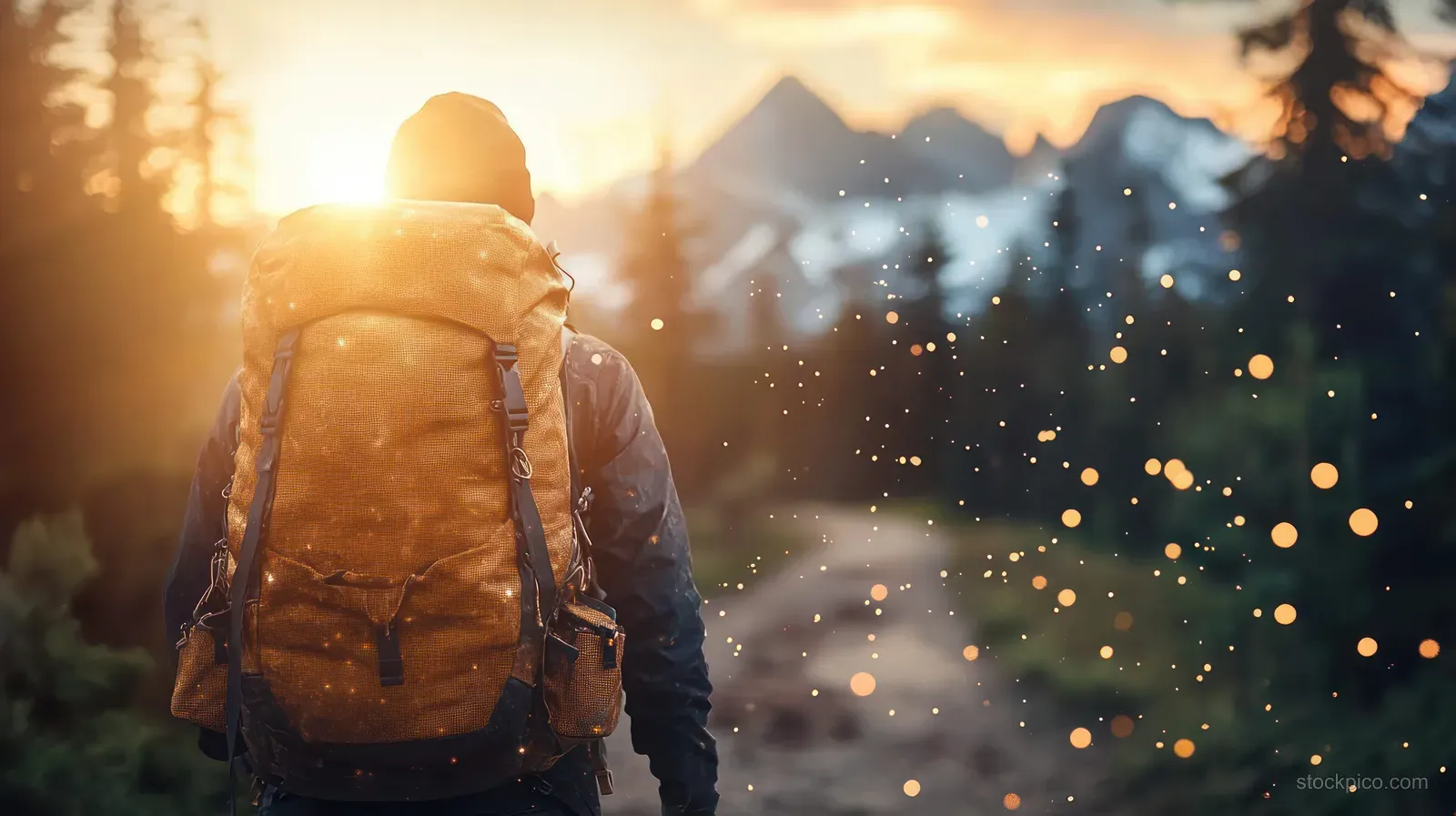 A lone backpacker with a large pack stands on a forest trail facing snowy mountains at sunrise as glowing particles float.