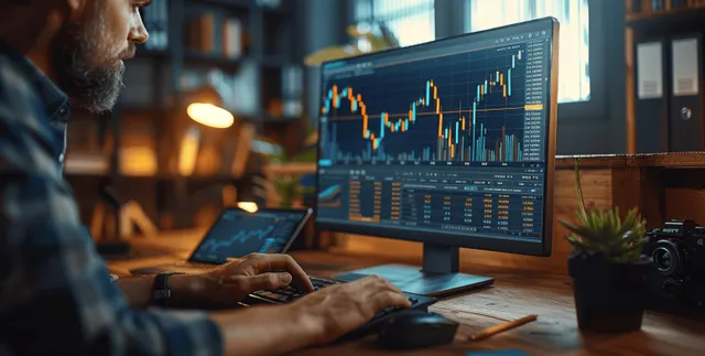 Analyst at desk reviewing stock candlestick charts on dual monitors in office