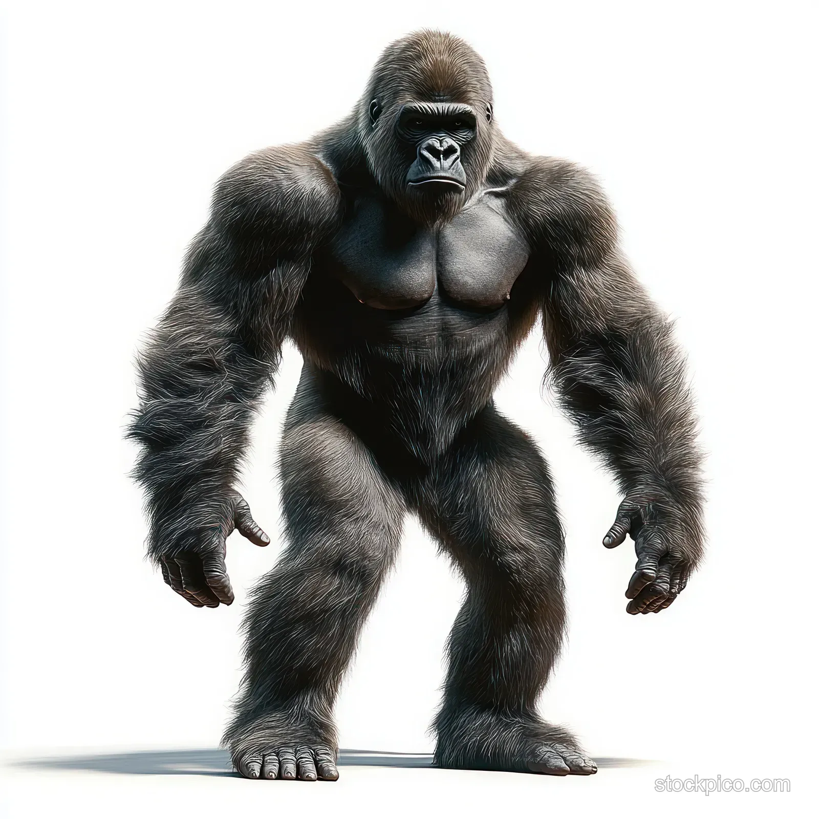 A powerful adult male gorilla stands upright with a muscular build and intense expression against a white background.