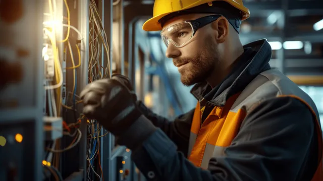 Electrician in helmet inspects exposed wiring on an industrial control panel inside a factory room.