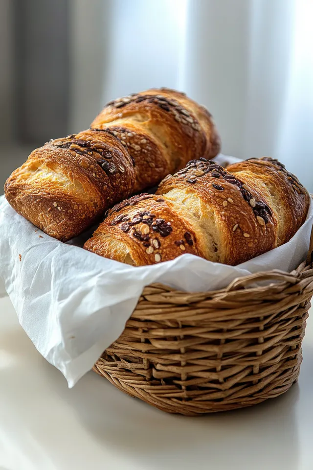 Golden whole-grain loaves and seeded croissants sit in a woven basket under soft morning light.